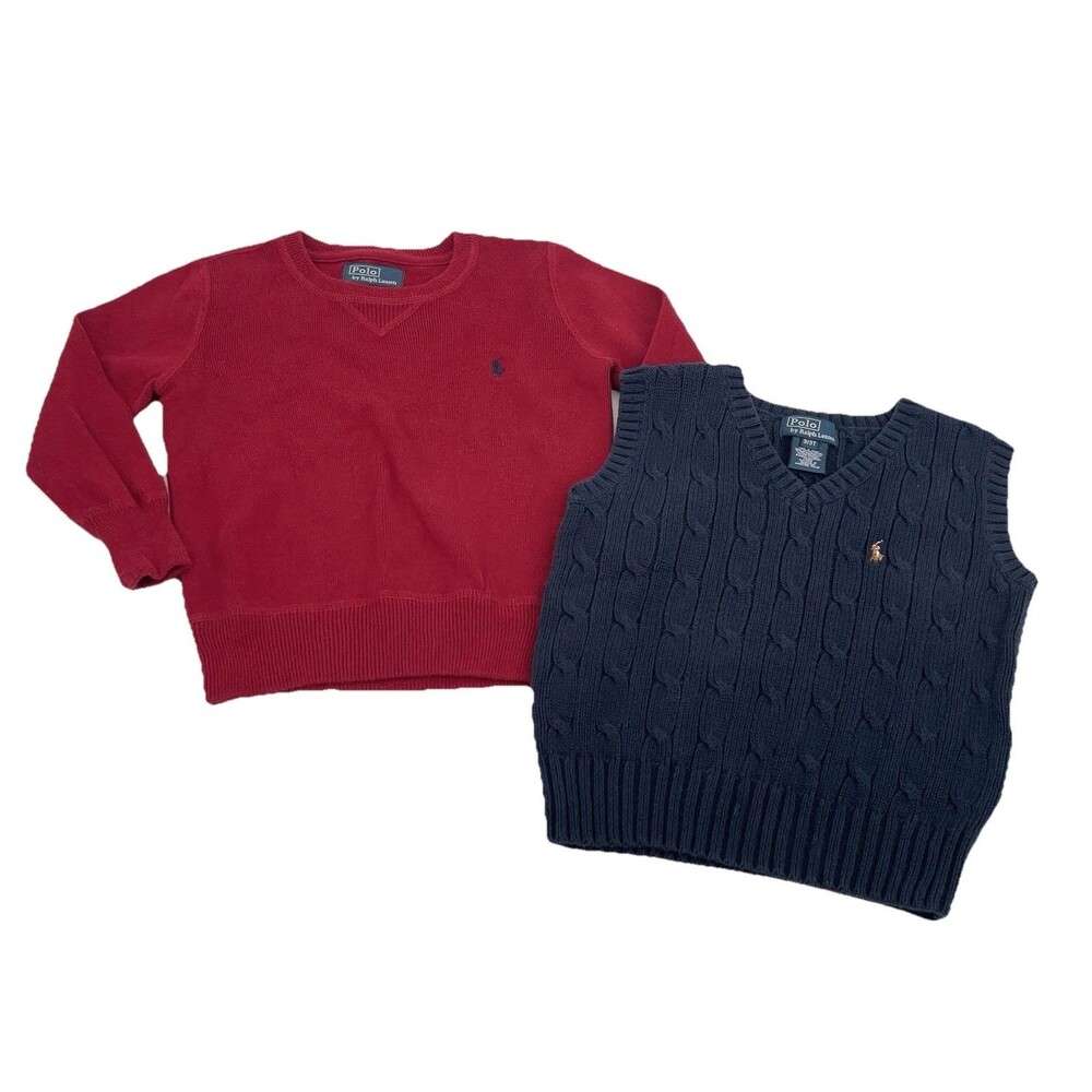 Polo Ralph Lauren Toddler Sweater Bundle 3T Red Crewneck & Navy Cable Knit Vest
